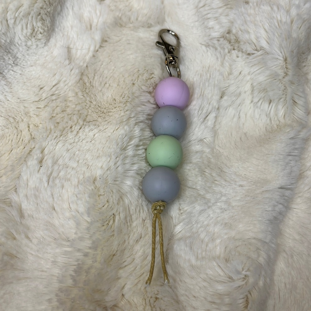 Handmade 15mm silicone bead keychain or zipper pull. Pink/gray/mint.